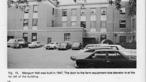 Photo: of Magum Hall at NC State where the first farm equipment was worked on. Building shows the garage area it had.