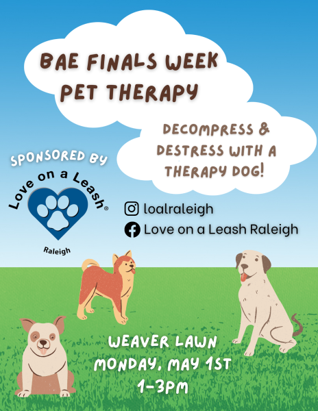 Pet Therapy on May 1 from 1-3pm.