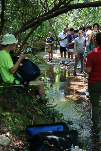 Ecological Engineering campers along Rocky Branch Creek learn hands-on techniques in stream restoration design.